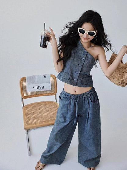 FU FRESH UP Vintage Washed Asymmetrical Denim Set