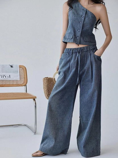FU FRESH UP Vintage Washed Asymmetrical Denim Set