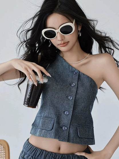 FU FRESH UP Vintage Washed Asymmetrical Denim Set