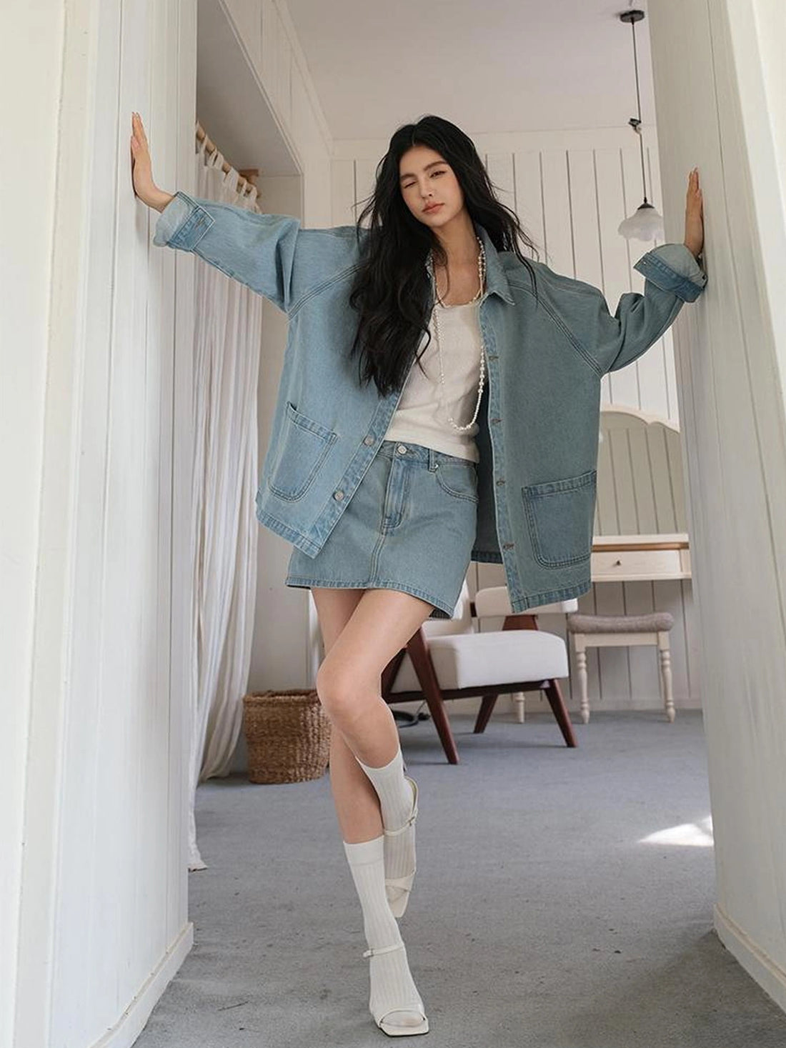 FU FRESH UP Vintage Washed Denim Jacket Mini Skirt Set