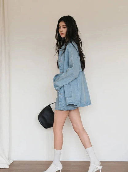 FU FRESH UP Vintage Washed Denim Jacket Mini Skirt Set