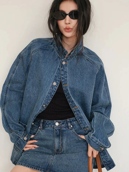 FU FRESH UP Vintage Washed Denim Jacket Mini Skirt Set