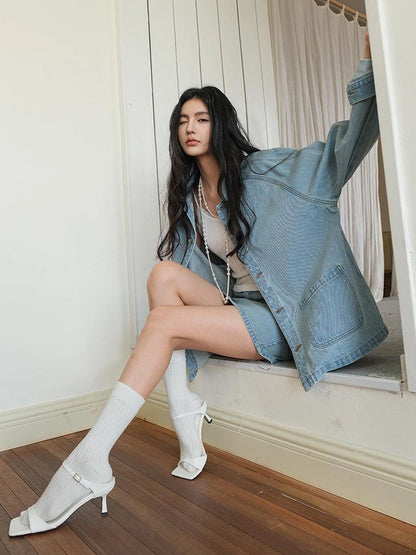 FU FRESH UP Vintage Washed Denim Jacket Mini Skirt Set