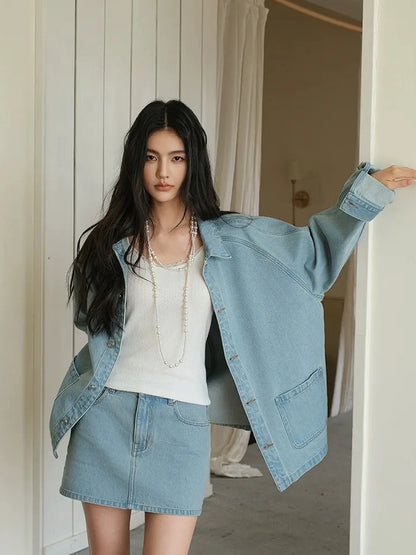 FU FRESH UP Vintage Washed Denim Jacket Mini Skirt Set