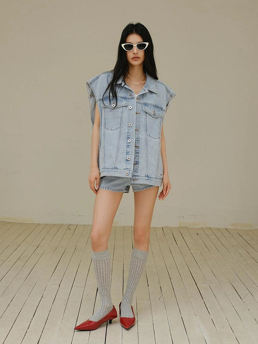 FU FRESH UP Vintage Washed Denim Vest And Shorts Set