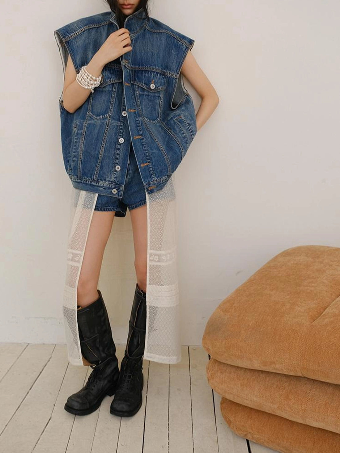 FU FRESH UP Vintage Washed Denim Vest And Shorts Set