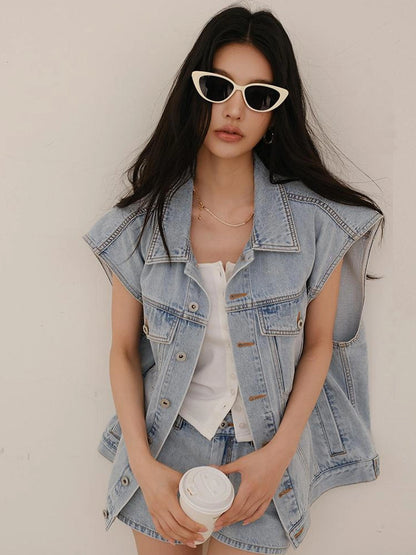 FU FRESH UP Vintage Washed Denim Vest And Shorts Set
