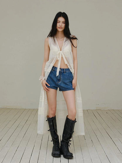 FU FRESH UP Vintage Washed Denim Vest And Shorts Set