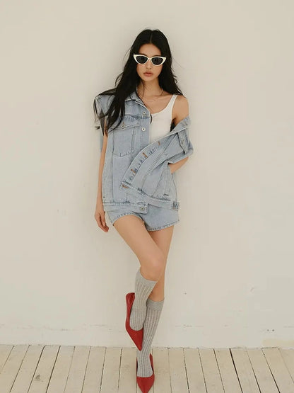 FU FRESH UP Vintage Washed Denim Vest And Shorts Set