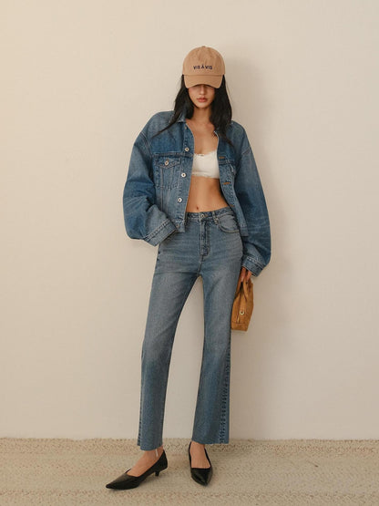 FU FRESH UP Vintage Washed Raw Hem Ankle High Waist Women&