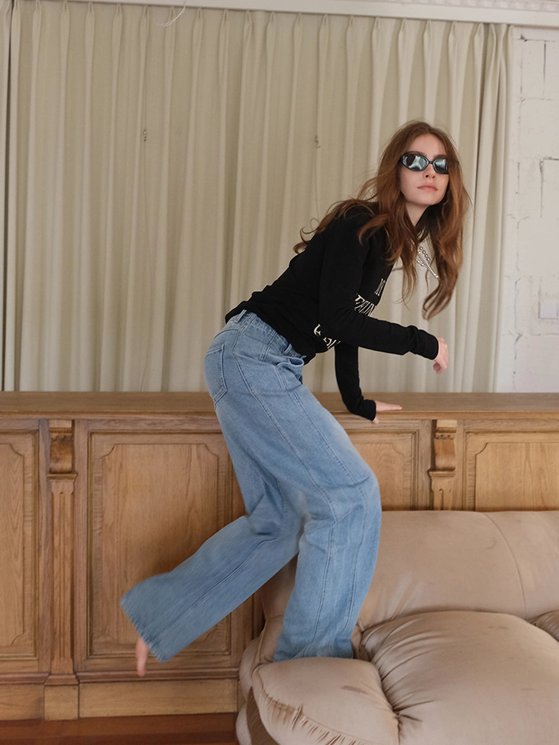 FU FRESH UP Vintage Washed Relaxed Fit Wide Leg Denim Pants
