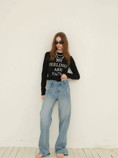 FU FRESH UP Vintage Washed Relaxed Fit Wide Leg Denim Pants