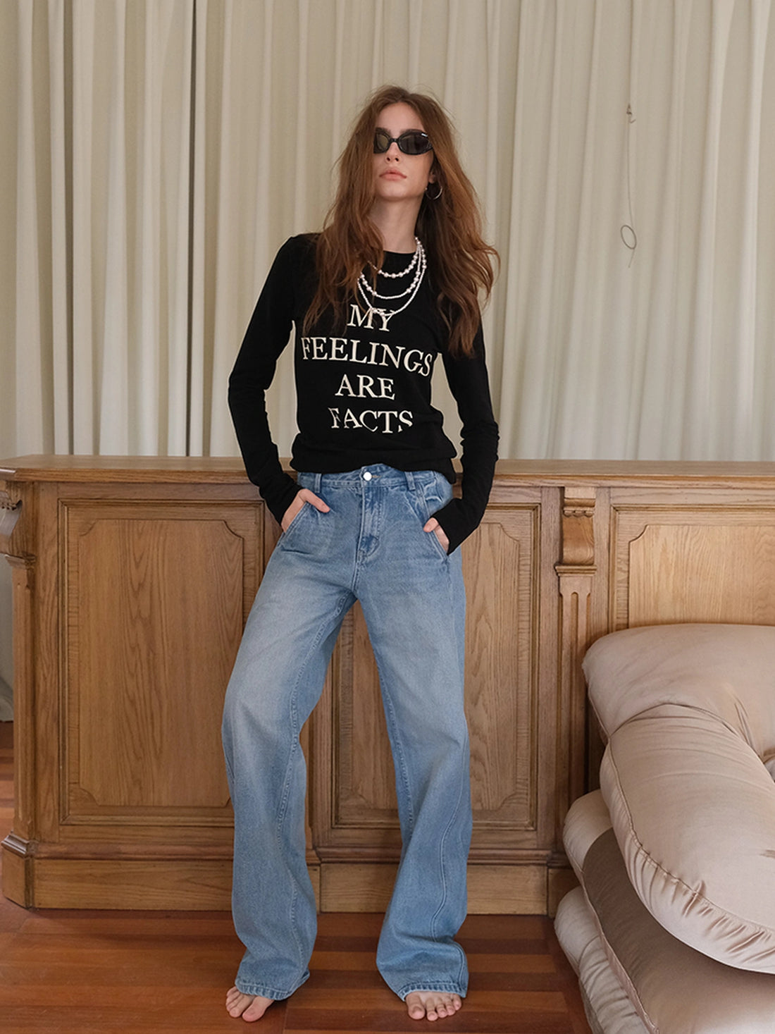 FU FRESH UP Vintage Washed Relaxed Fit Wide Leg Denim Pants
