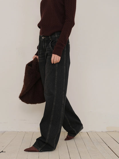 FU FRESH UP Vintage Washed Relaxed Fit Wide Leg Denim Pants