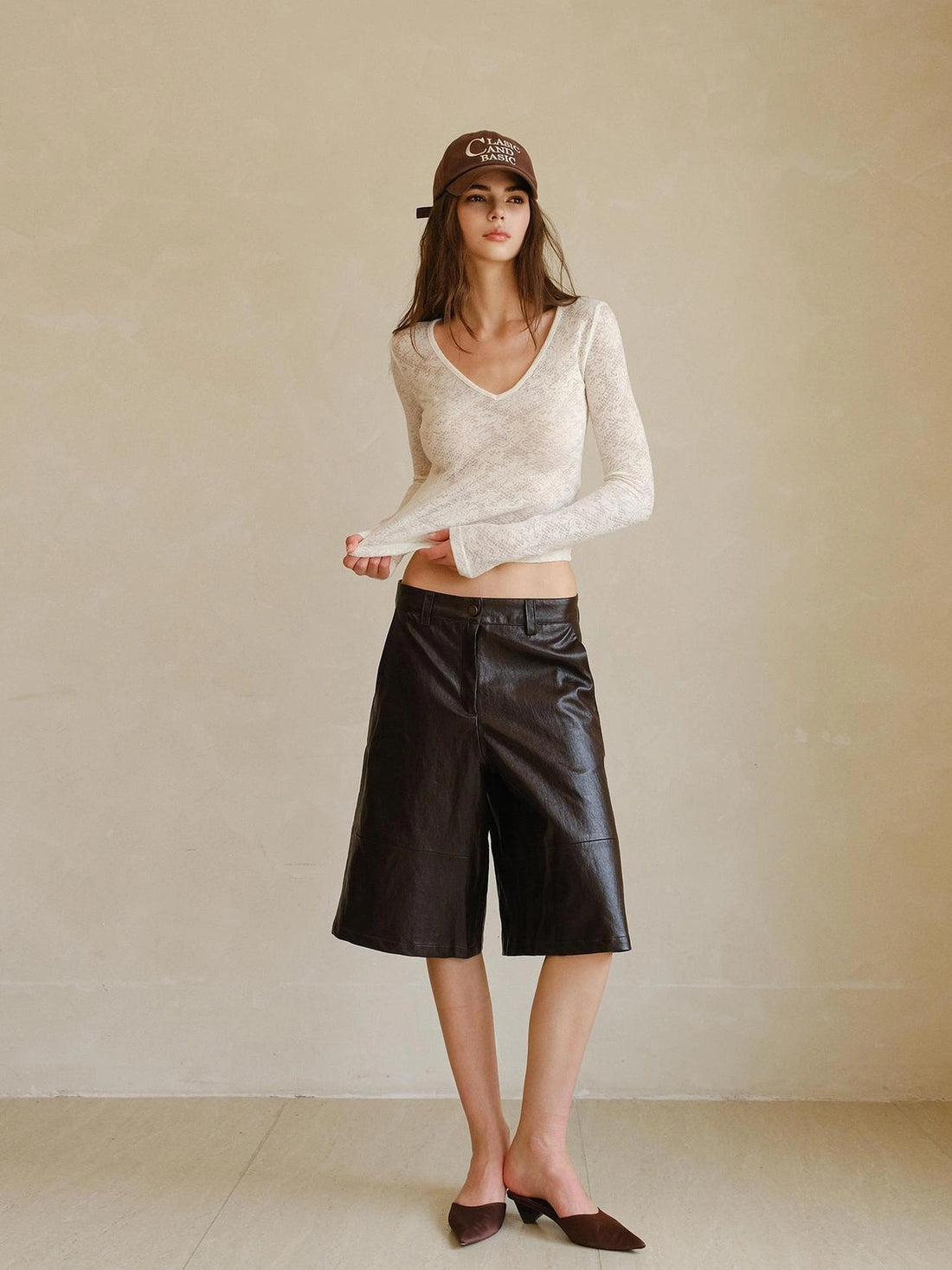 FU FRESH UP Vintage Waxed Pu Leather Midi Shorts