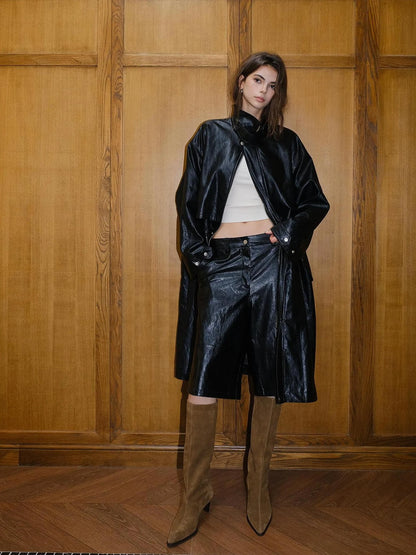 FU FRESH UP Vintage Waxed Pu Leather Midi Shorts