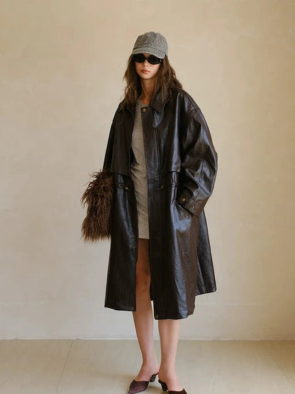 FU FRESH UP Vintage Waxed Pu Trench Coat With Waist Tie