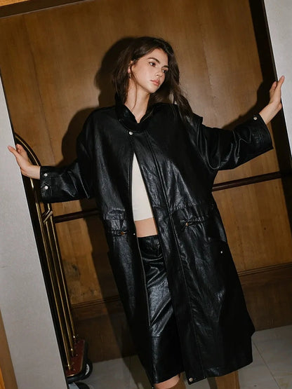 FU FRESH UP Vintage Waxed Pu Trench Coat With Waist Tie