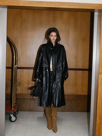 FU FRESH UP Vintage Waxed Pu Trench Coat With Waist Tie