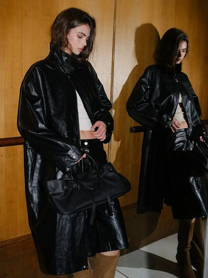 FU FRESH UP Vintage Waxed Pu Trench Coat With Waist Tie
