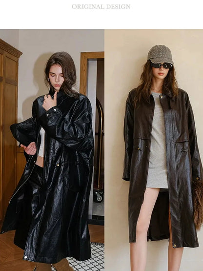 FU FRESH UP Vintage Waxed Pu Trench Coat With Waist Tie