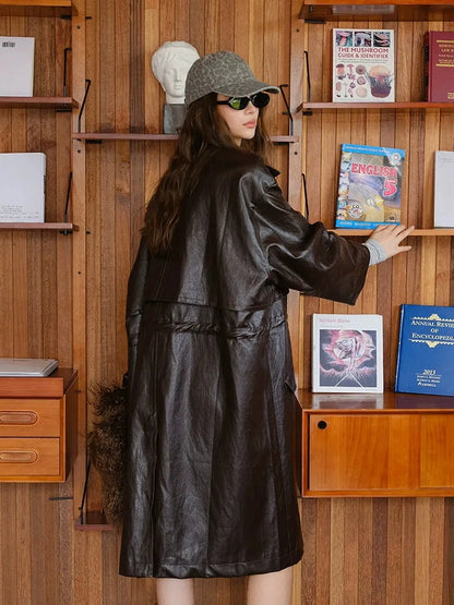 FU FRESH UP Vintage Waxed Pu Trench Coat With Waist Tie