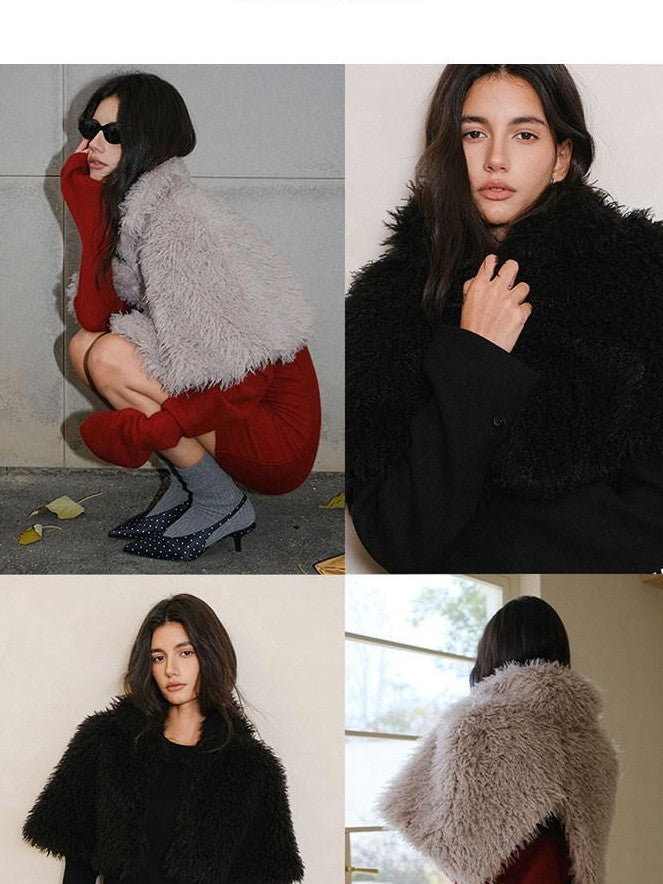 FU FRESH UP Warm Faux Lambswool Stand Collar Cape Women&