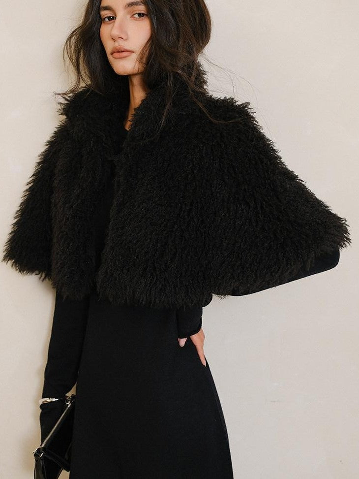 FU FRESH UP Warm Faux Lambswool Stand Collar Cape Women&