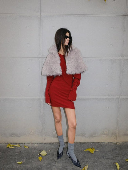 FU FRESH UP Warm Faux Lambswool Stand Collar Cape Women&