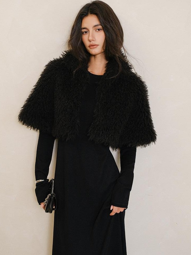 FU FRESH UP Warm Faux Lambswool Stand Collar Cape Women&
