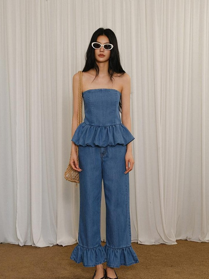 FU FRESH UP Washed Denim Ruffle Peplum Women&
