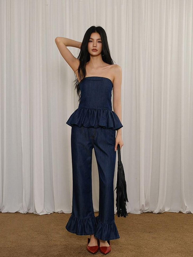 FU FRESH UP Washed Denim Ruffle Peplum Women&
