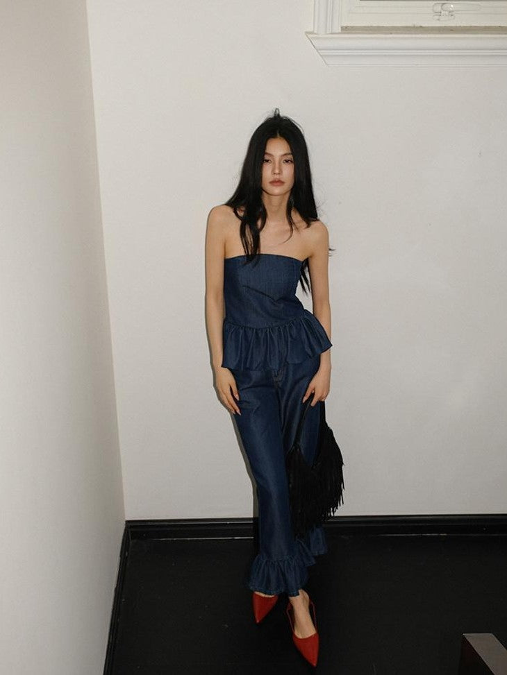 FU FRESH UP Washed Denim Ruffle Peplum Women&