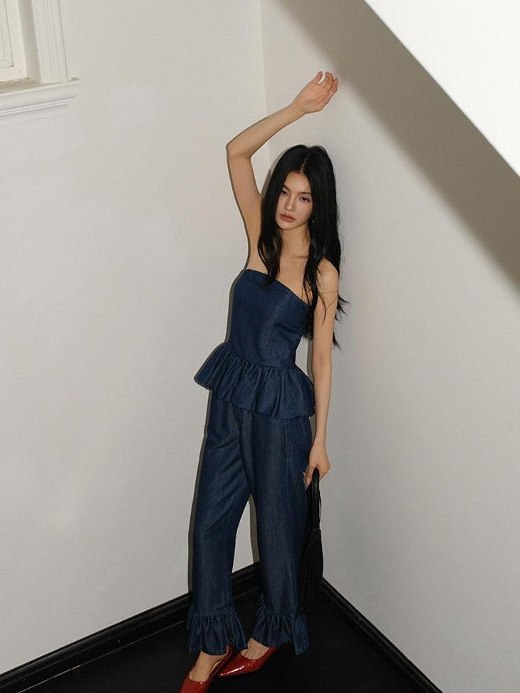 FU FRESH UP Washed Denim Ruffle Peplum Women&