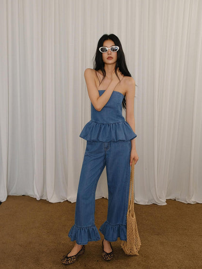 FU FRESH UP Washed Denim Ruffle Peplum Women&