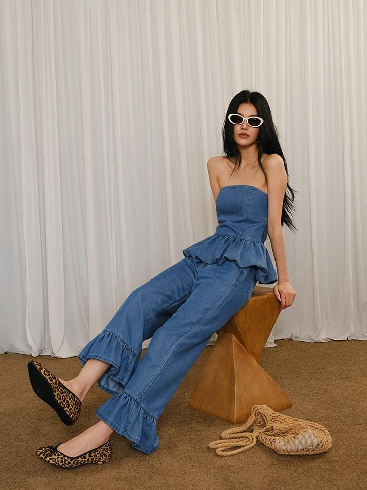 FU FRESH UP Washed Denim Ruffle Peplum Women&