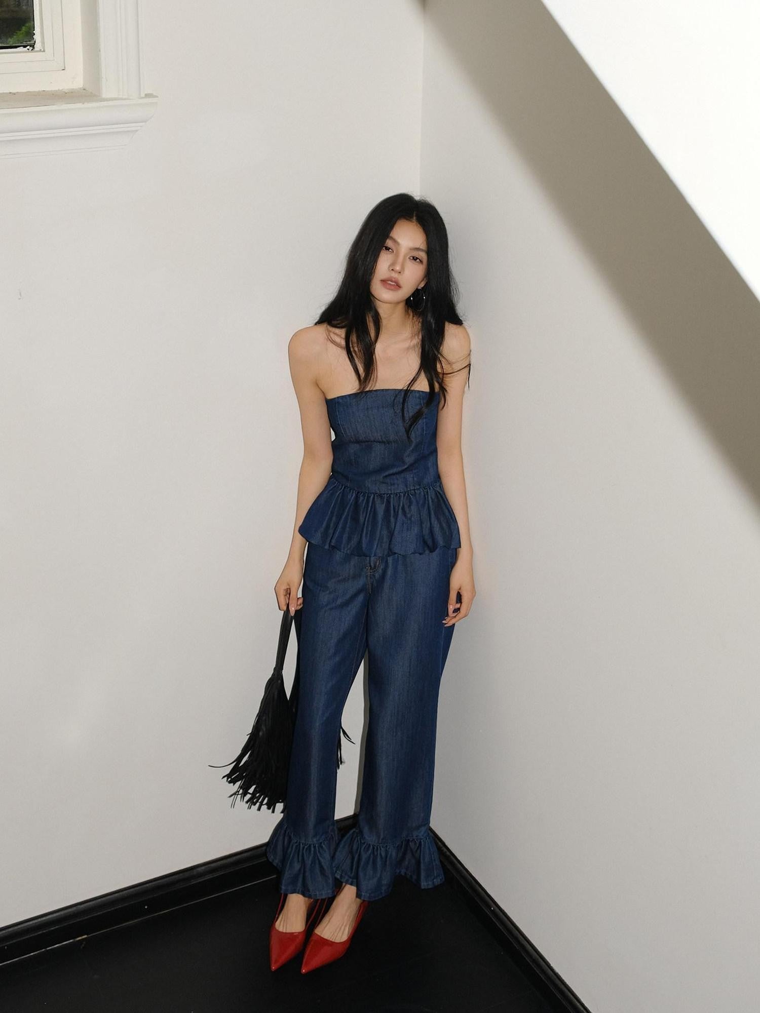 FU FRESH UP Washed Denim Ruffle Peplum Women&