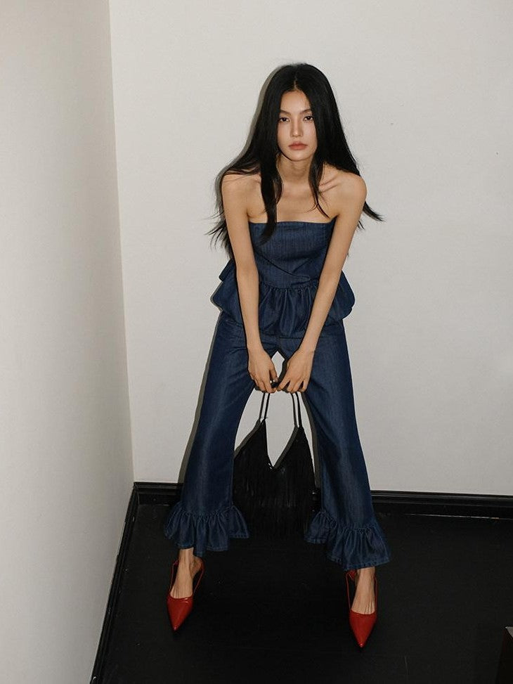 FU FRESH UP Washed Denim Ruffle Peplum Women&