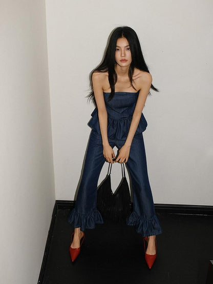 FU FRESH UP Washed Denim Ruffle Peplum Women&