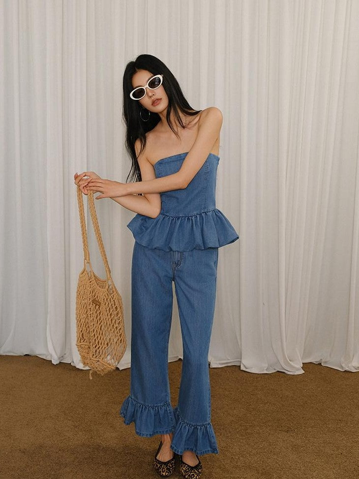 FU FRESH UP Washed Denim Ruffle Peplum Women&