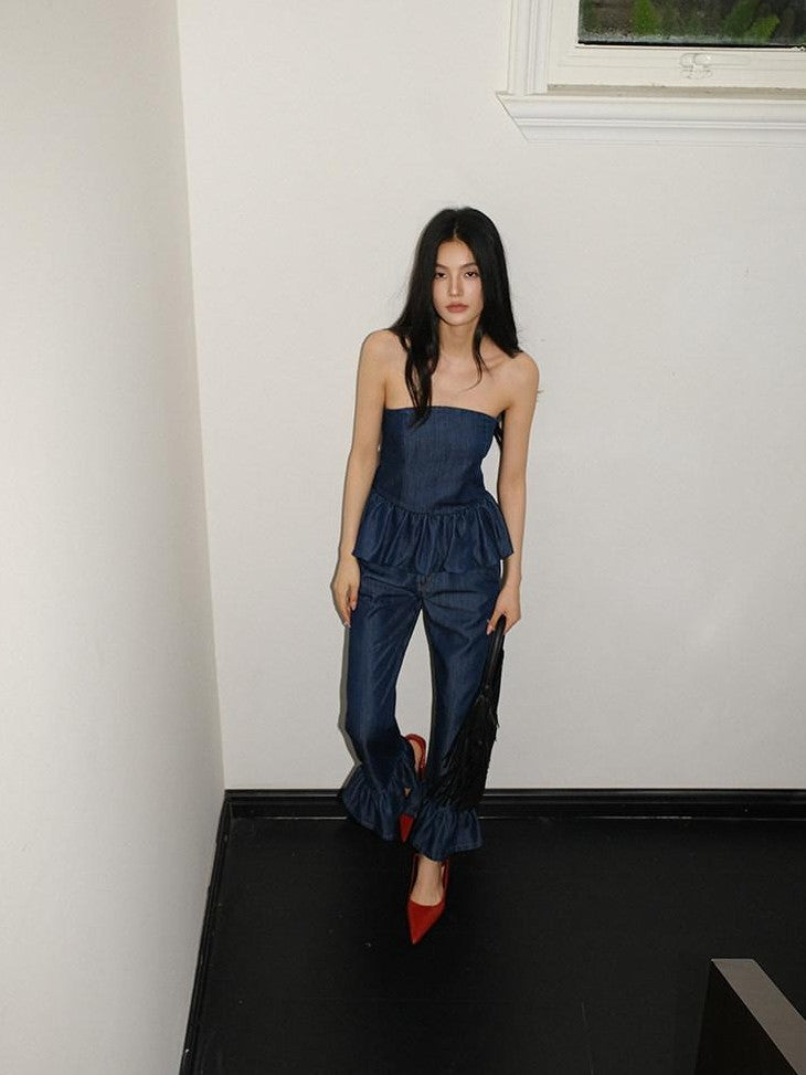 FU FRESH UP Washed Denim Ruffle Peplum Women&