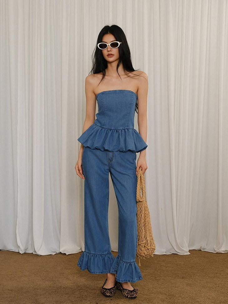 FU FRESH UP Washed Denim Ruffle Peplum Women&