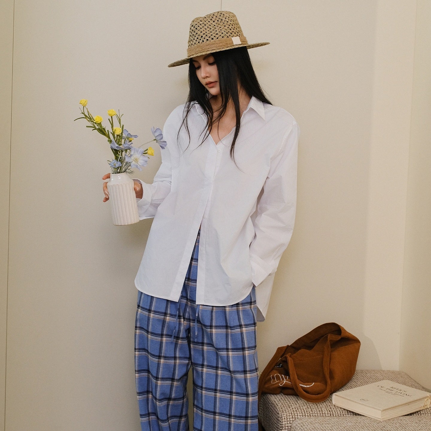 FU_FRESH_UP_White_Pleated_Button_Collar_Loose_Long_Sleeve_Women&