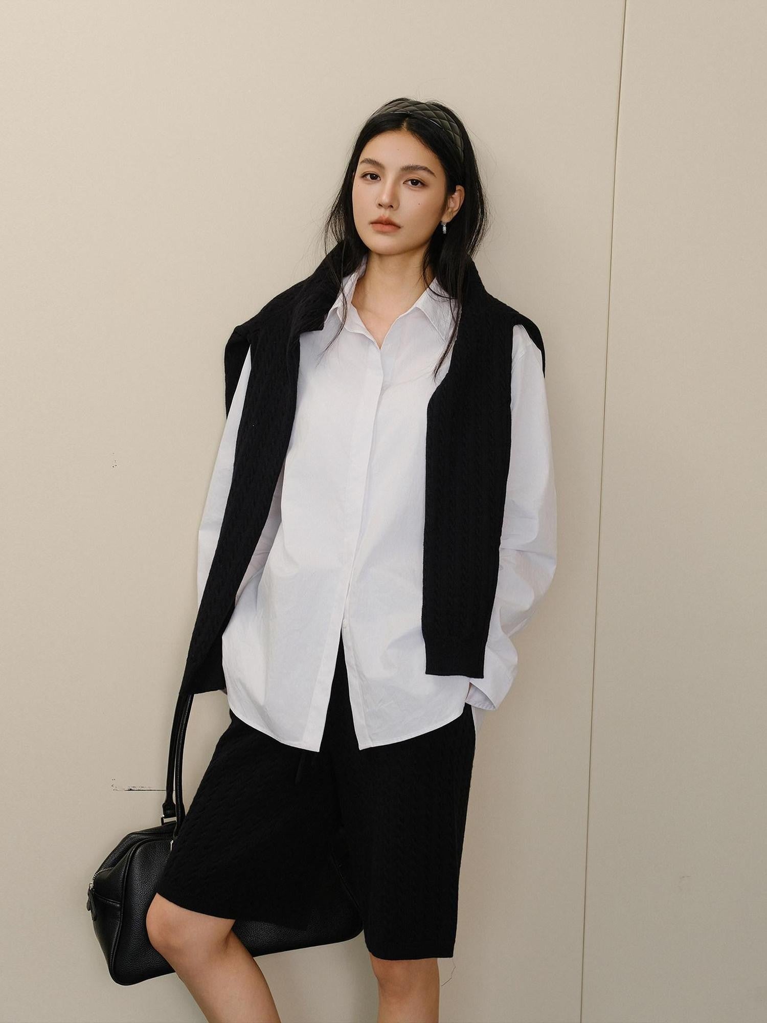 FU FRESH UP White Pleated Button Collar Loose Long Sleeve Women&
