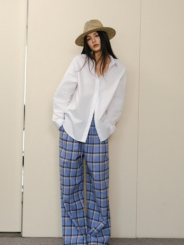 FU FRESH UP White Pleated Button Collar Loose Long Sleeve Women&
