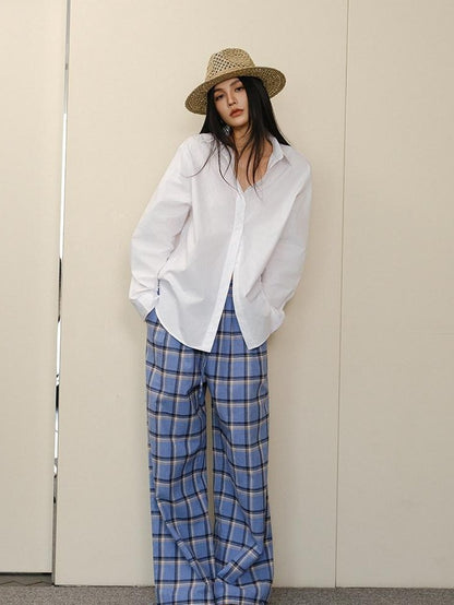 FU FRESH UP White Pleated Button Collar Loose Long Sleeve Women&