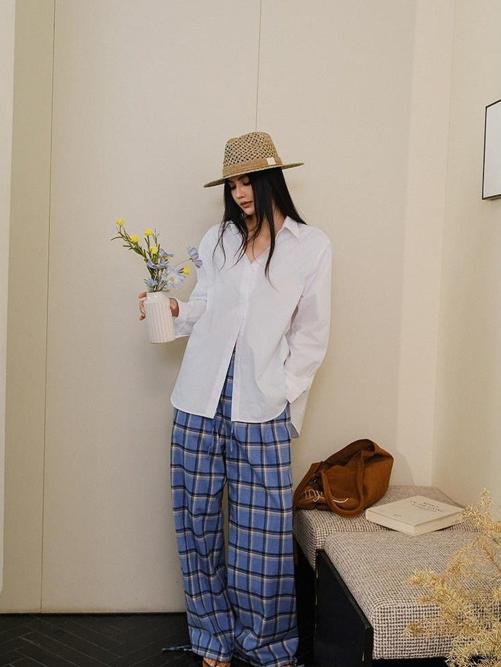 FU FRESH UP White Pleated Button Collar Loose Long Sleeve Women&