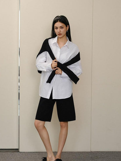 FU FRESH UP White Pleated Button Collar Loose Long Sleeve Women&