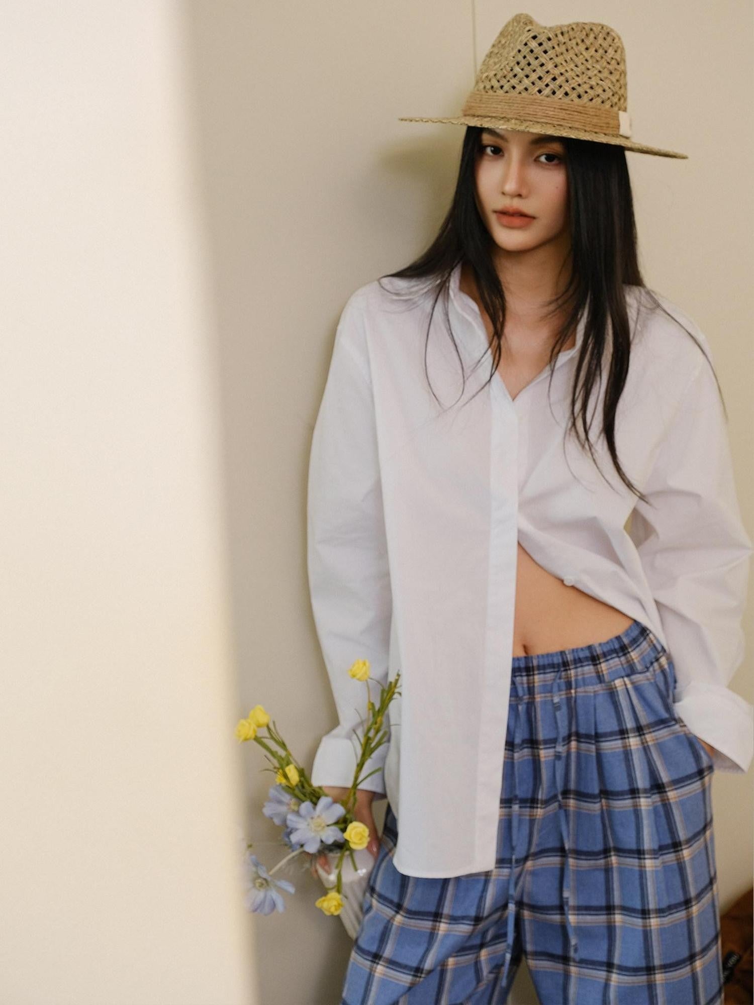 FU FRESH UP White Pleated Button Collar Loose Long Sleeve Women&