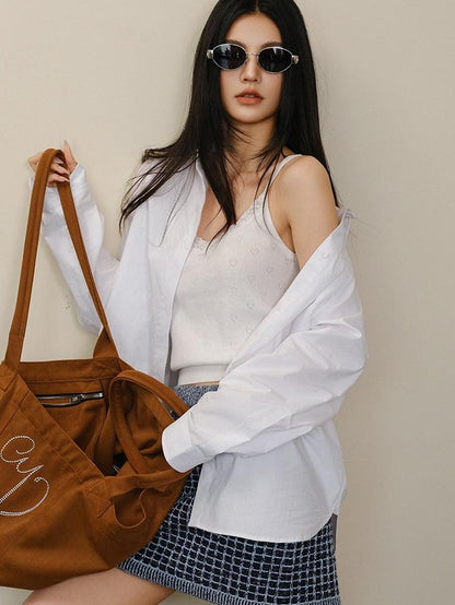 FU FRESH UP White Pleated Button Collar Loose Long Sleeve Women&